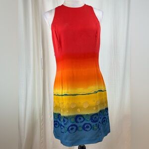Harold's Vintage Silk Red-Orange-Yellow-Blue‎ Gradient Sleeveless Midi Dress